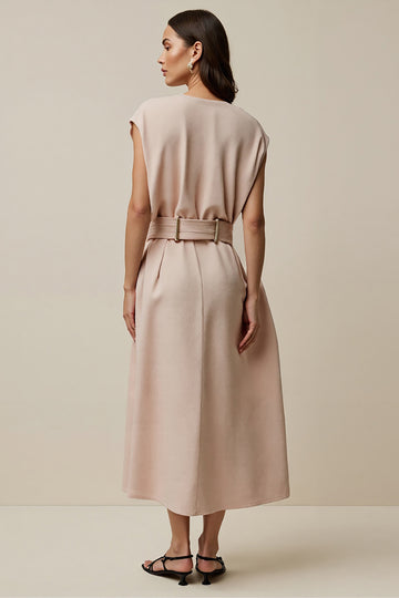 A Line V Neck Long Blush Work Dress With Belt